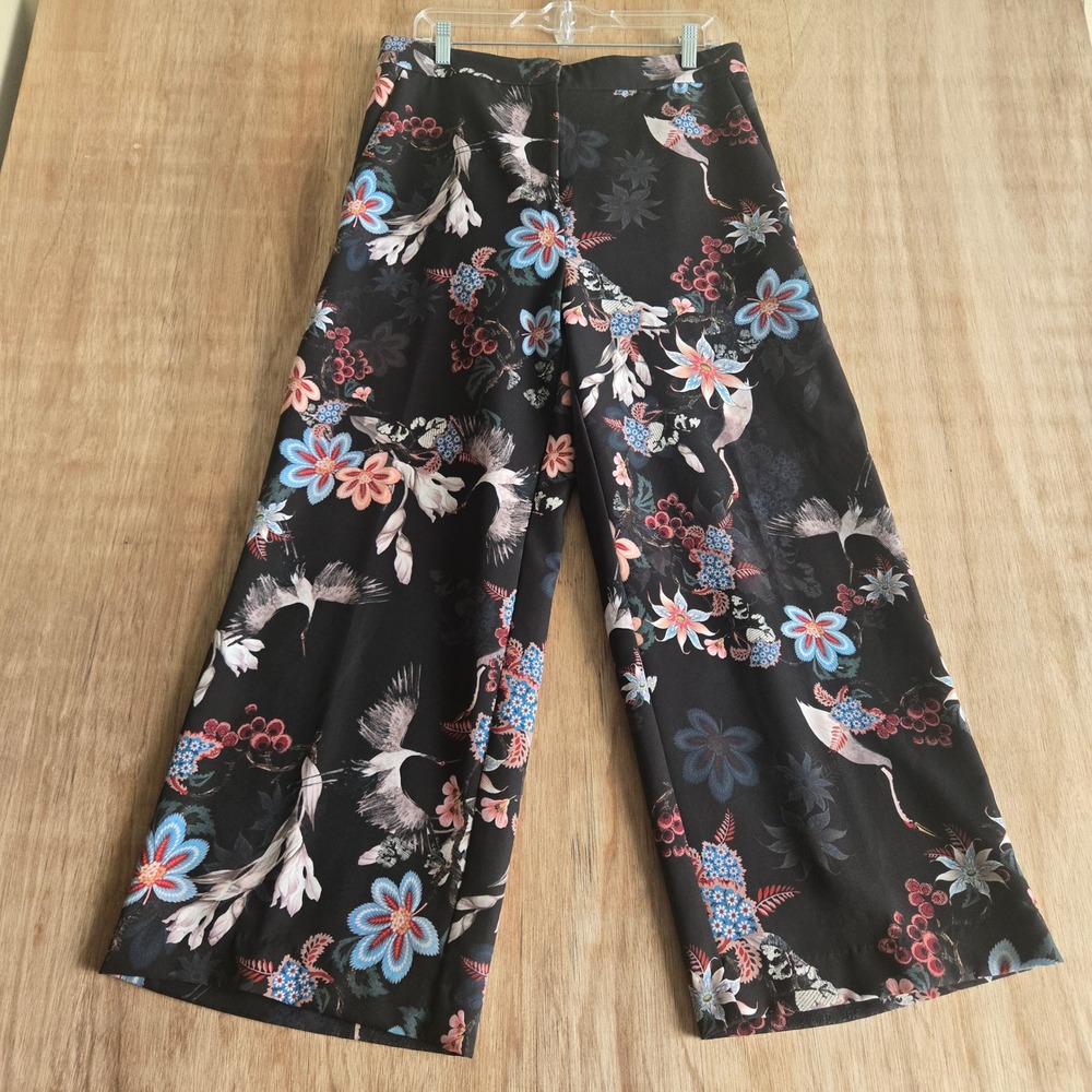 Black Floral Crane Print Wide Leg Pants Women 14 Cropped High Waist Pockets